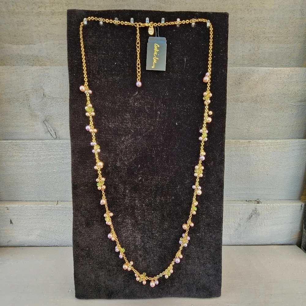 Cookie Lee Gold Necklace With Pink And Green Beads #82285 NWT